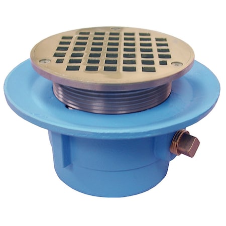 Jones Stephens 4in No Hub Code Blue Slab Drain, 7in Pan, 6in Polished Brass Round Strainer D67054